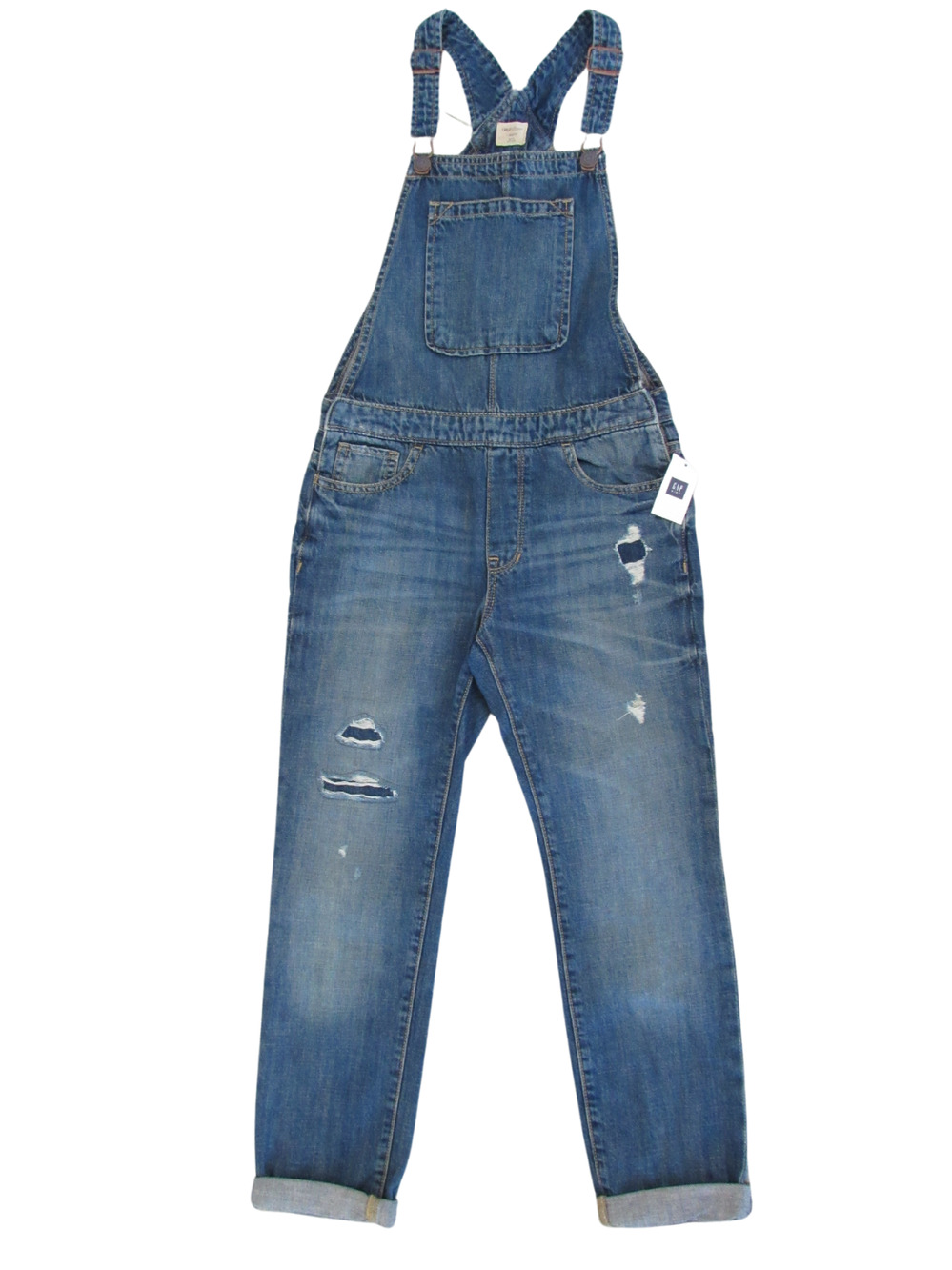 Gap Kids Girls Denim Overalls Size Large Blue Distressed Jeans Pockets New Pants